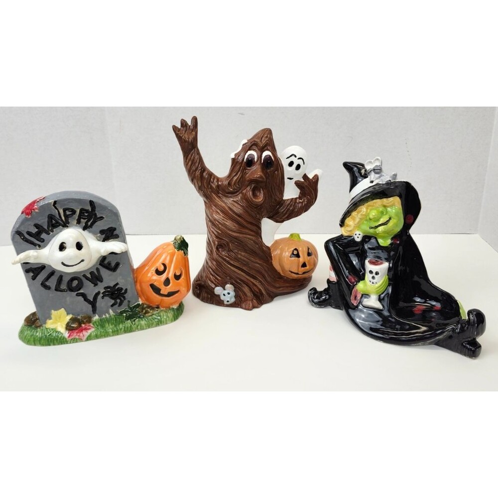 Lot of 3 Vintage Halloween Ceramic Figures Ghosts Witch Pumpkins 6" to 9"
